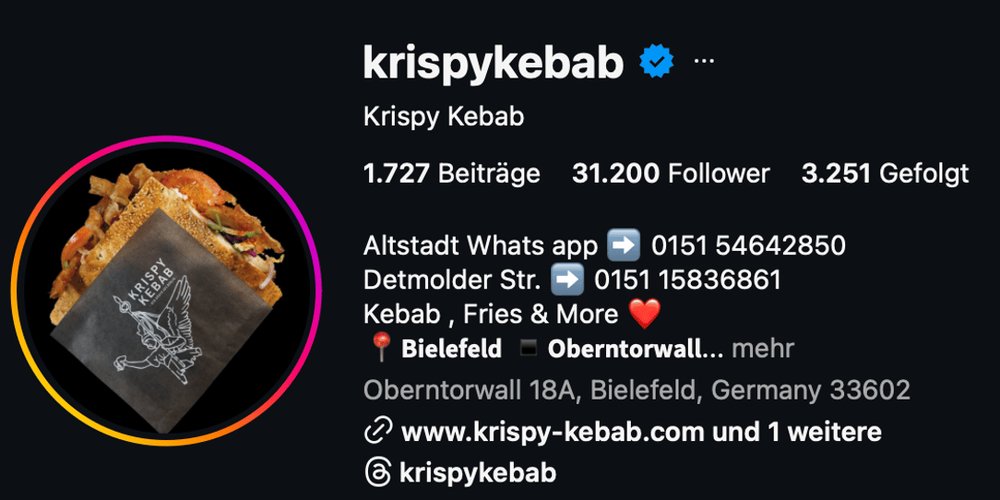 Instagram-Profil krispykebab: 1.727 Beiträge, 31.200 Follower, verifiziert
