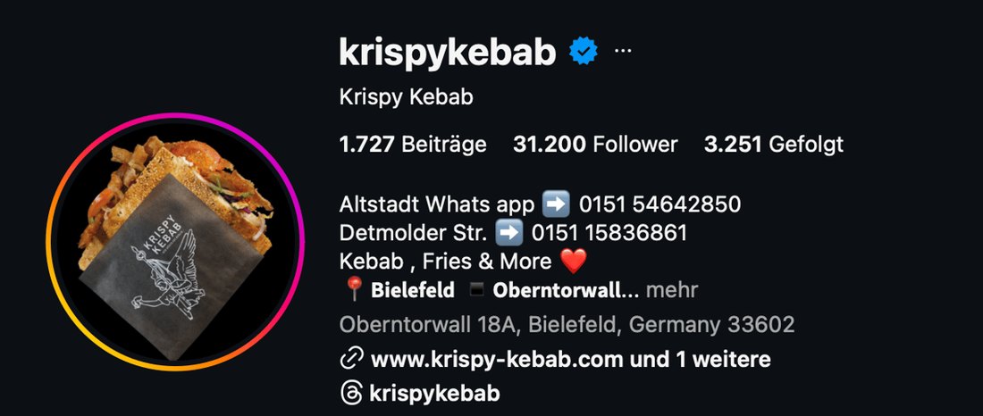 Instagram-Profil krispykebab: 1.727 Beiträge, 31.200 Follower, verifiziert